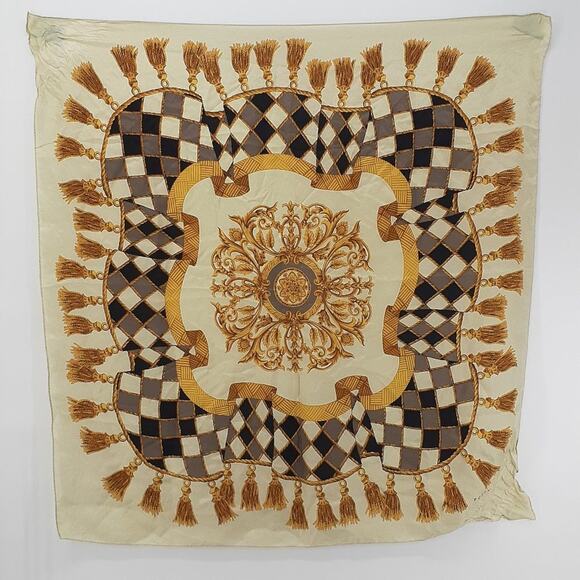 Echo Tassel Symmetry Pattern Rope Ivory Black Gold Colored Scarf Square 36 x 34 - Picture 1 of 9